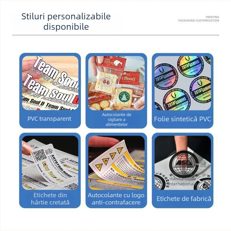 Etichete autoadezive pe hârtie lucioasă, imprimare logo și ștampilare la cald, rolă PVC, transparente color, personalizare