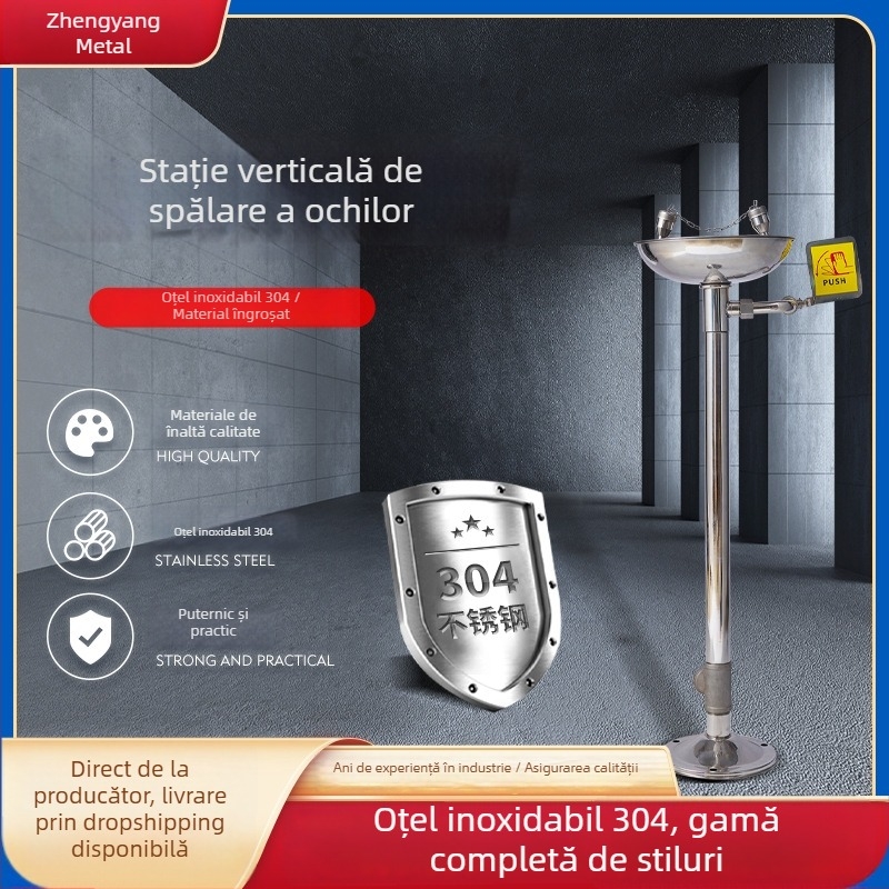 Stație verticală de spălare a ochilor, cu două porturi, duș de urgență, buton de declanșare, oțel inoxidabil 304
