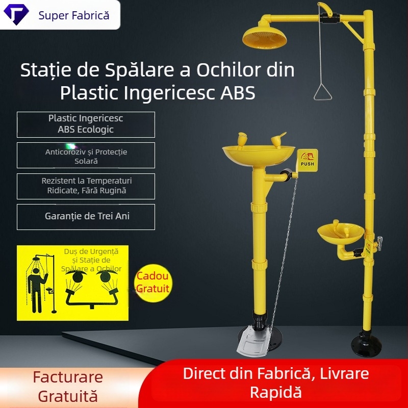 Duș de urgență cu spălare pentru ochi, acționat prin pedală, din ABS plastic compozit