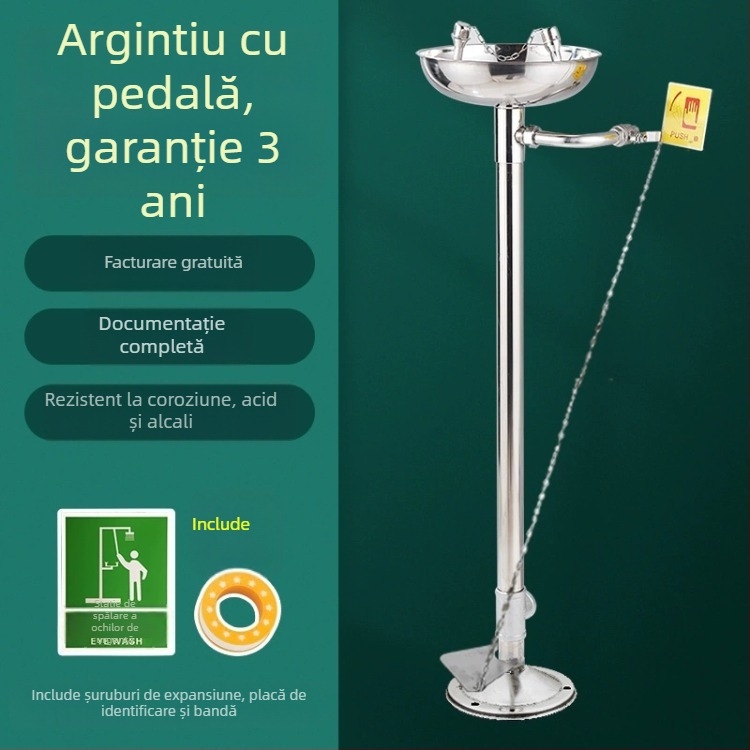 Stație de spălare a ochilor verticală din oțel inoxidabil 304, cu acoperire ABS și pedale pentru laborator și uz industrial