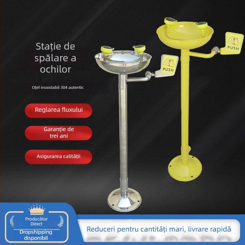 Stație verticală de spălare a ochilor, din oțel inoxidabil 304, cu două ieșiri, utilizare industrială și de laborator
