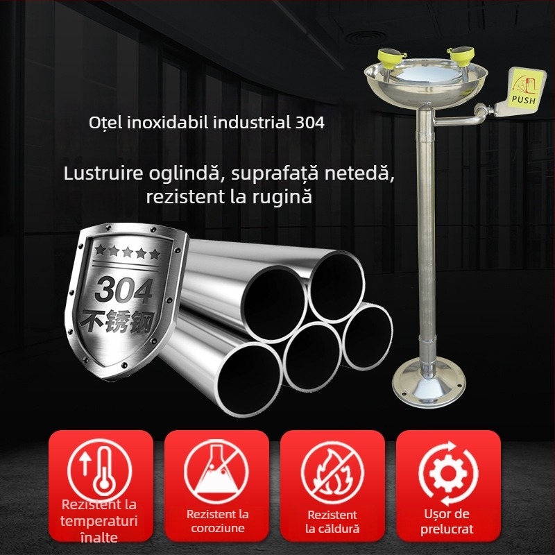 Stație verticală de spălare a ochilor, din oțel inoxidabil 304, cu două ieșiri, utilizare industrială și de laborator