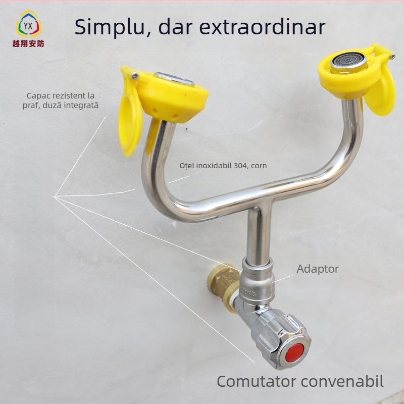 Robinet de laborator din oțel inoxidabil 304, montat pe perete, cu două porturi, echipament de spălare a ochilor de urgență