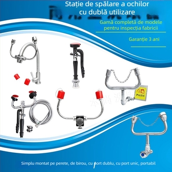 Robinet de spalare a ochilor din oțel inox 304, simplu, cu două porturi, montaj pe perete, spălare de urgență a ochilor