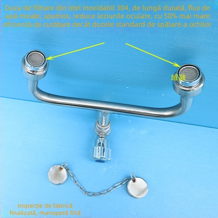 Robinet de spalare a ochilor din oțel inox 304, simplu, cu două porturi, montaj pe perete, spălare de urgență a ochilor