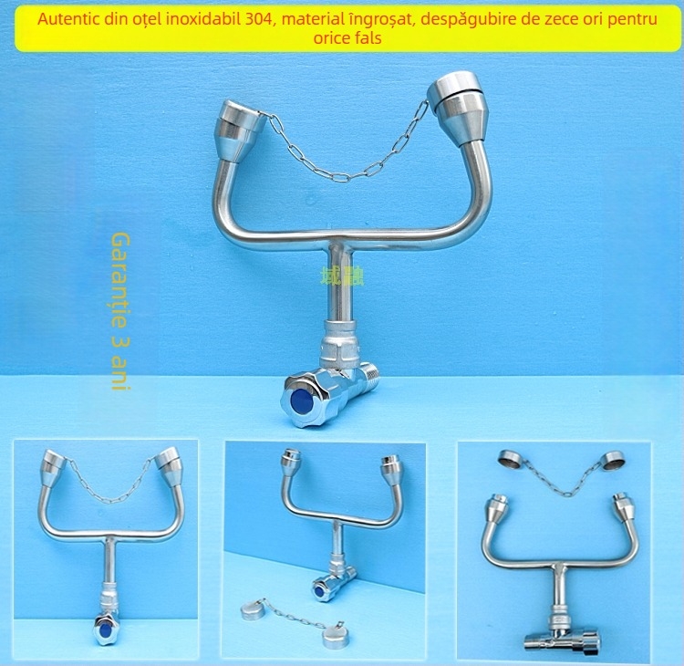 Robinet de spalare a ochilor din oțel inox 304, simplu, cu două porturi, montaj pe perete, spălare de urgență a ochilor