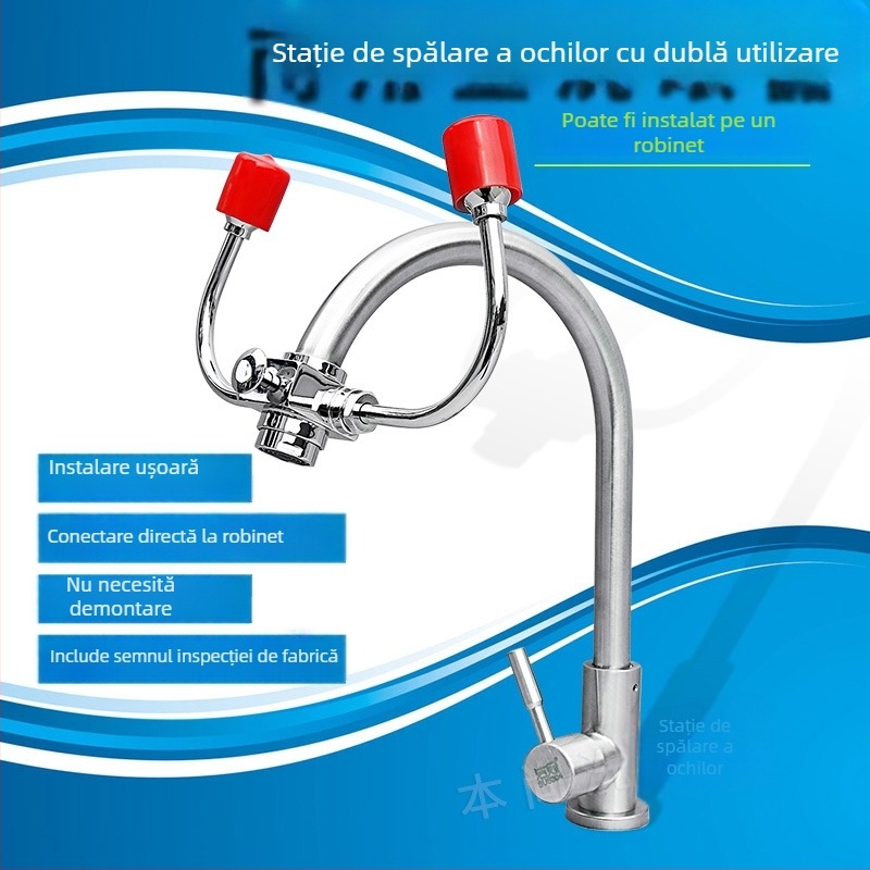 Robinet de spalare a ochilor din oțel inox 304, simplu, cu două porturi, montaj pe perete, spălare de urgență a ochilor