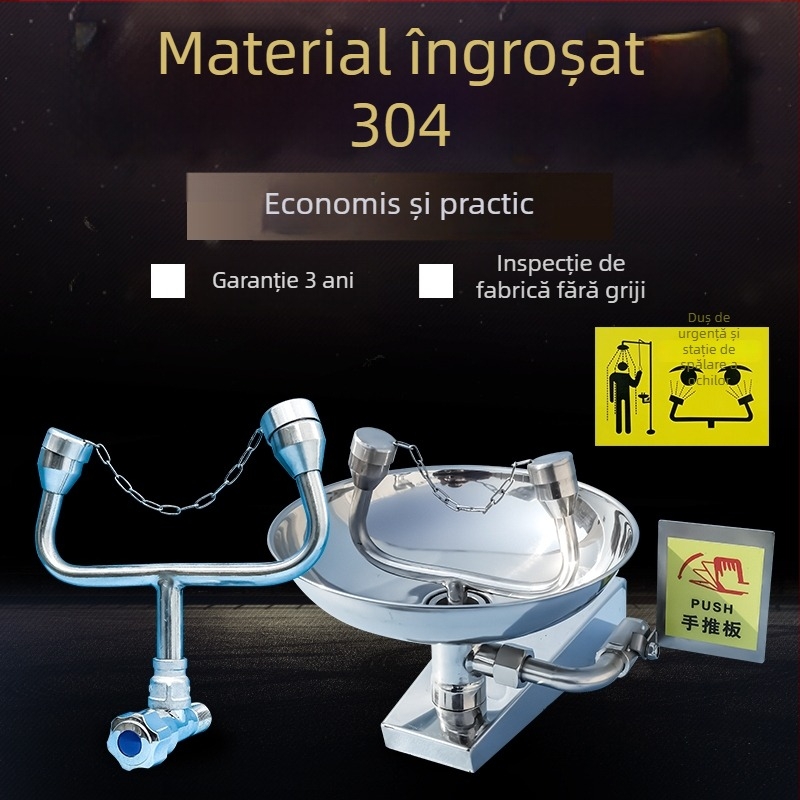 Robinet de spalare a ochilor din oțel inox 304, simplu, cu două porturi, montaj pe perete, spălare de urgență a ochilor