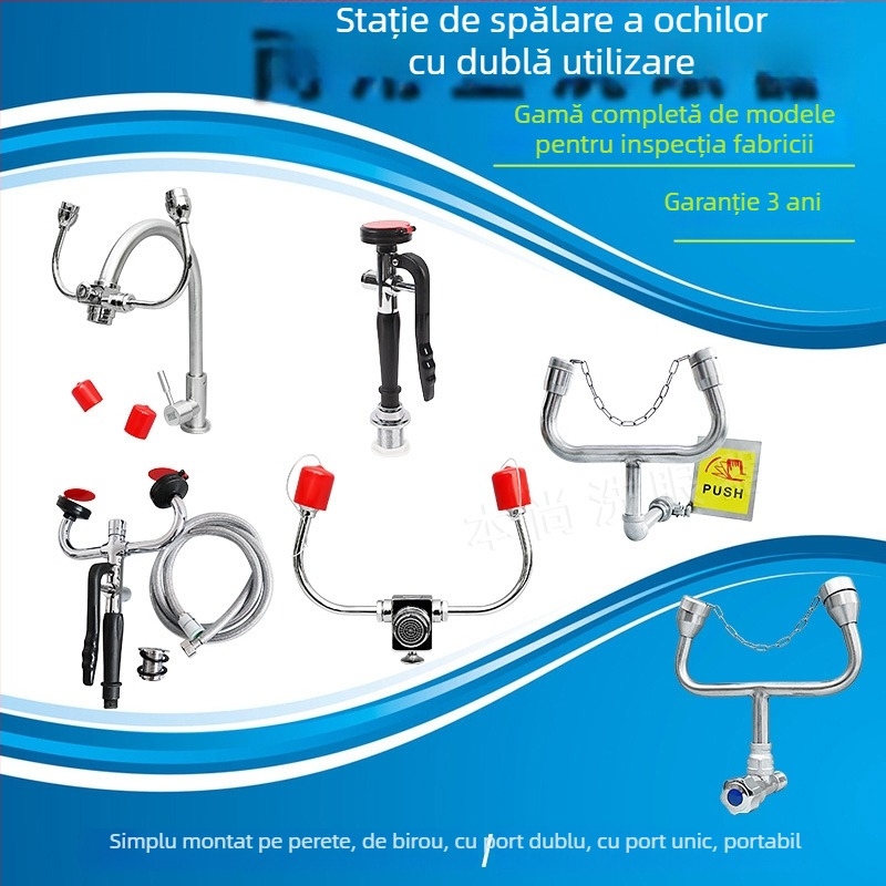 Robinet de spalare a ochilor din oțel inox 304, simplu, cu două porturi, montaj pe perete, spălare de urgență a ochilor