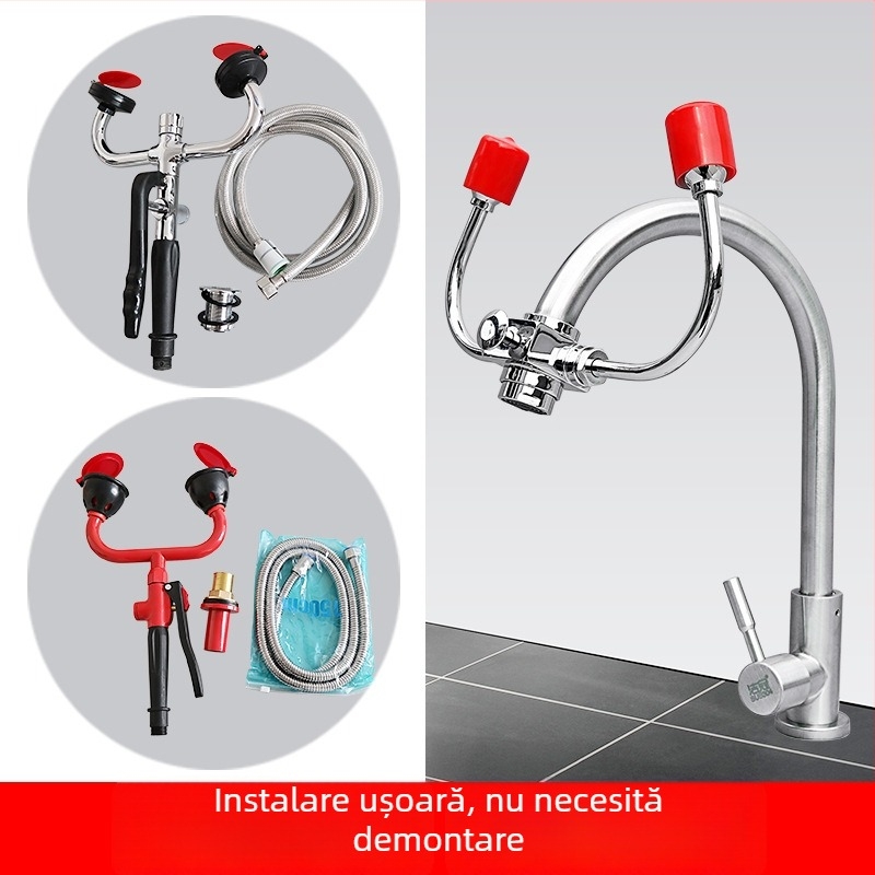 Robinet de spălare a ochilor pentru laborator, montat pe perete, retractabil, cu două porturi, pentru urgențe