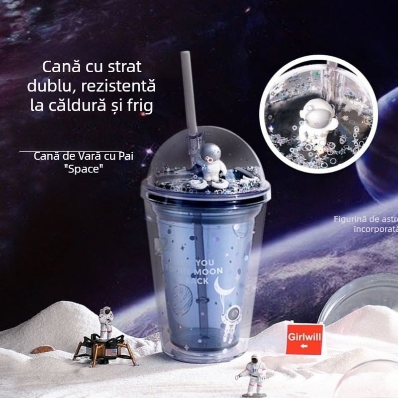 True Virtue 450 ml pahar plastic cu pereți dubli, izolat, capac și siglă, pai