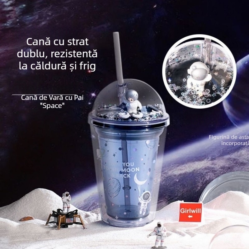 True Virtue 450 ml pahar plastic cu pereți dubli, izolat, capac și siglă, pai