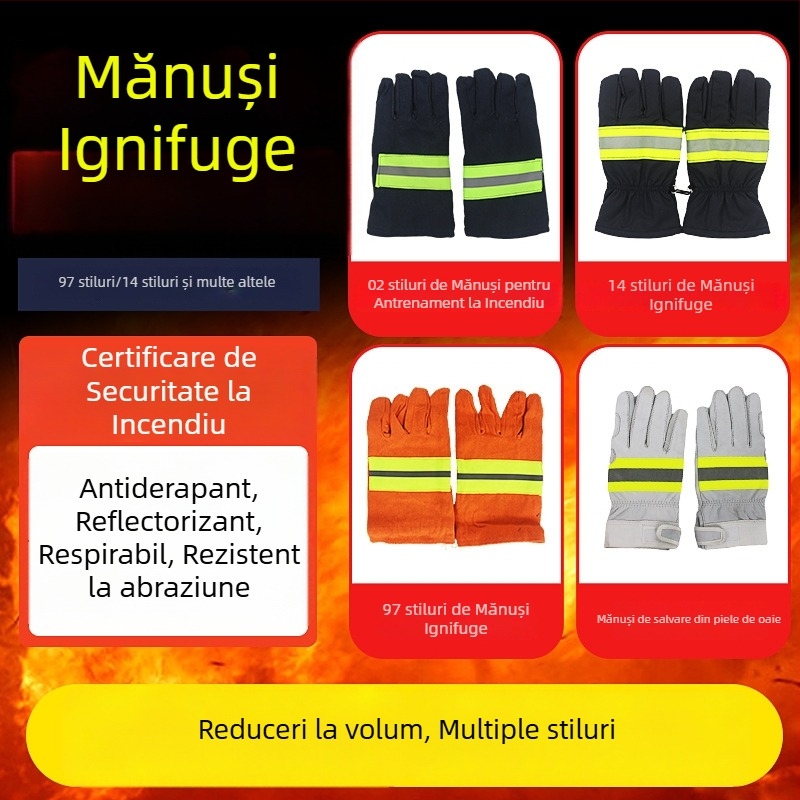 Mănuși de protecție pentru pompieri, din aramidă și piele, portocaliu-roșu, izolație termică, rezistente la uzură