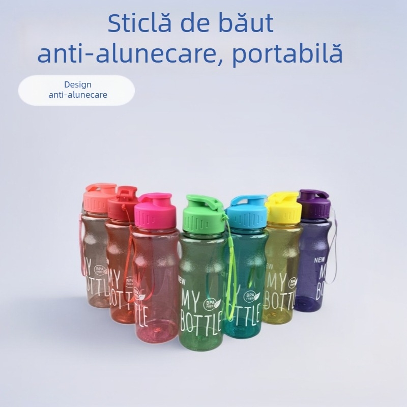 Sticlă de apă pentru sport din plastic, tip spațial, PET transparent colorat, antiderapantă, cu șnur de purtare