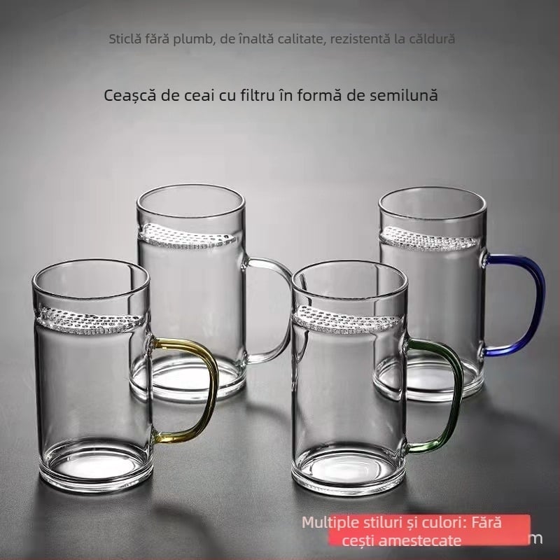 Cească de ceai în formă de lună, cu bază groasă și mâner, din sticlă borosilicată înaltă, cu filtru încorporat pentru ceai verde, pentru birou, rezistentă la temperaturi înalte