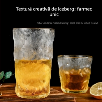 Ceașcă din sticlă mată cu textură de scoarță, sticlă borosilicată, pentru apă și whiskey, turnată manual, cu logo imprimat, în cutie cadou