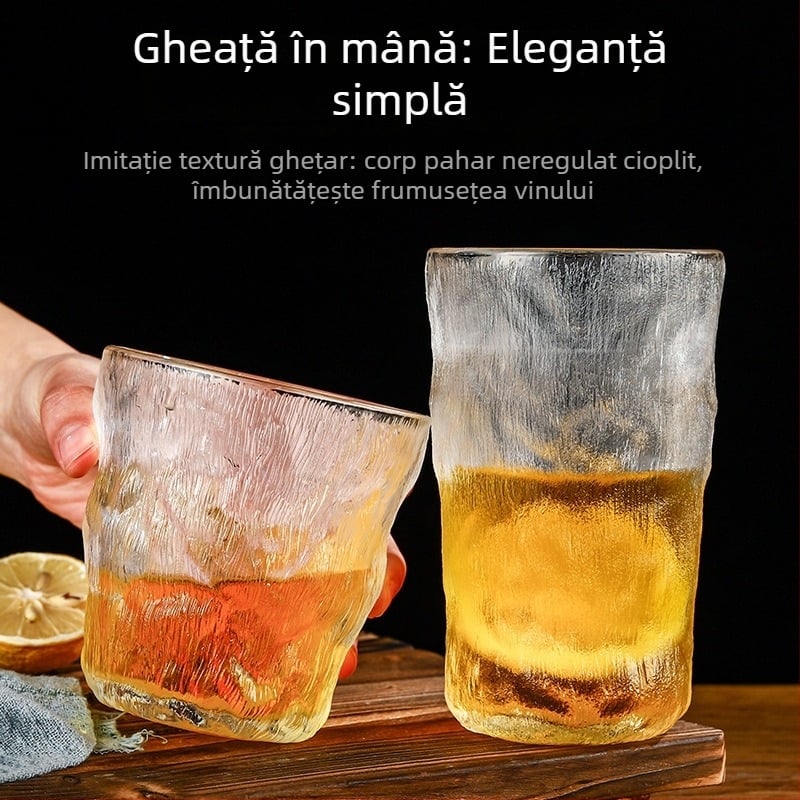 Ceașcă din sticlă mată cu textură de scoarță, sticlă borosilicată, pentru apă și whiskey, turnată manual, cu logo imprimat, în cutie cadou