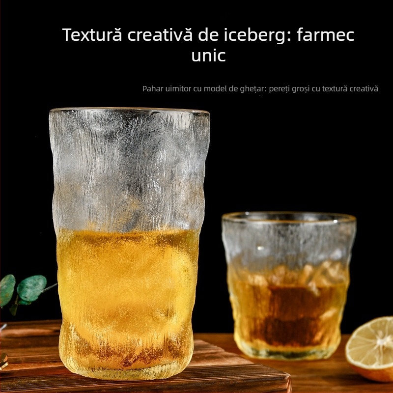 Ceașcă din sticlă mată cu textură de scoarță, sticlă borosilicată, pentru apă și whiskey, turnată manual, cu logo imprimat, în cutie cadou