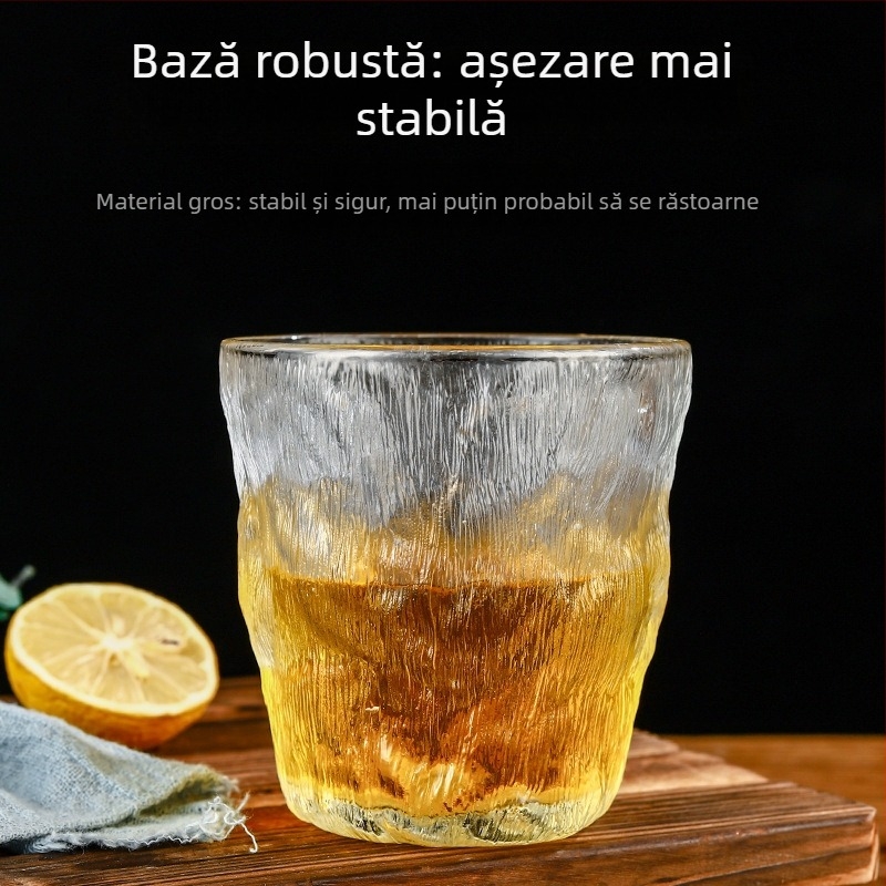Ceașcă din sticlă mată cu textură de scoarță, sticlă borosilicată, pentru apă și whiskey, turnată manual, cu logo imprimat, în cutie cadou