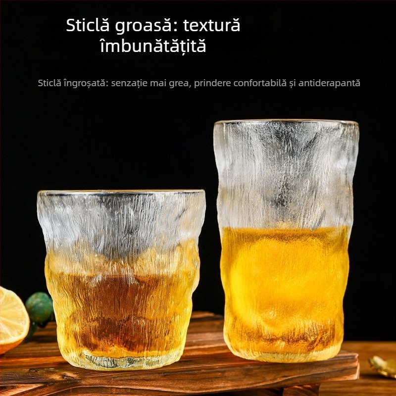 Ceașcă din sticlă mată cu textură de scoarță, sticlă borosilicată, pentru apă și whiskey, turnată manual, cu logo imprimat, în cutie cadou