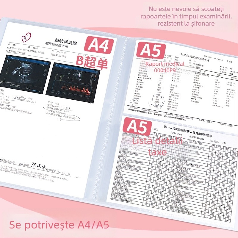 Folder A4 pentru controale prenatale, înregistrări de ecografie și documente despre sarcină, portabil
