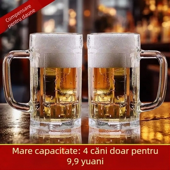 Pahar de bere din sticlă, cu mâner, capacitate mare, design modern minimalist, sticlă transparentă