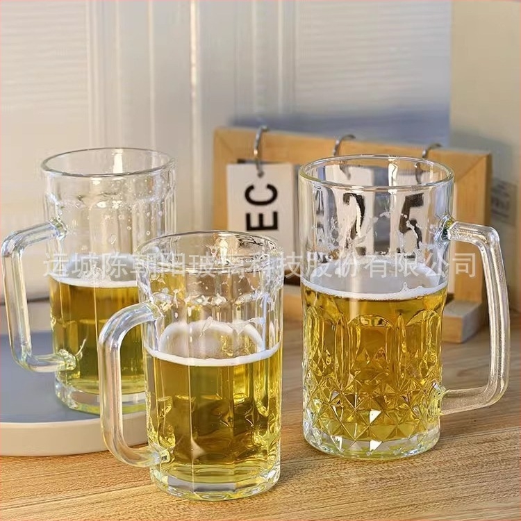 Pahar de bere din sticlă, cu mâner, capacitate mare, design modern minimalist, sticlă transparentă