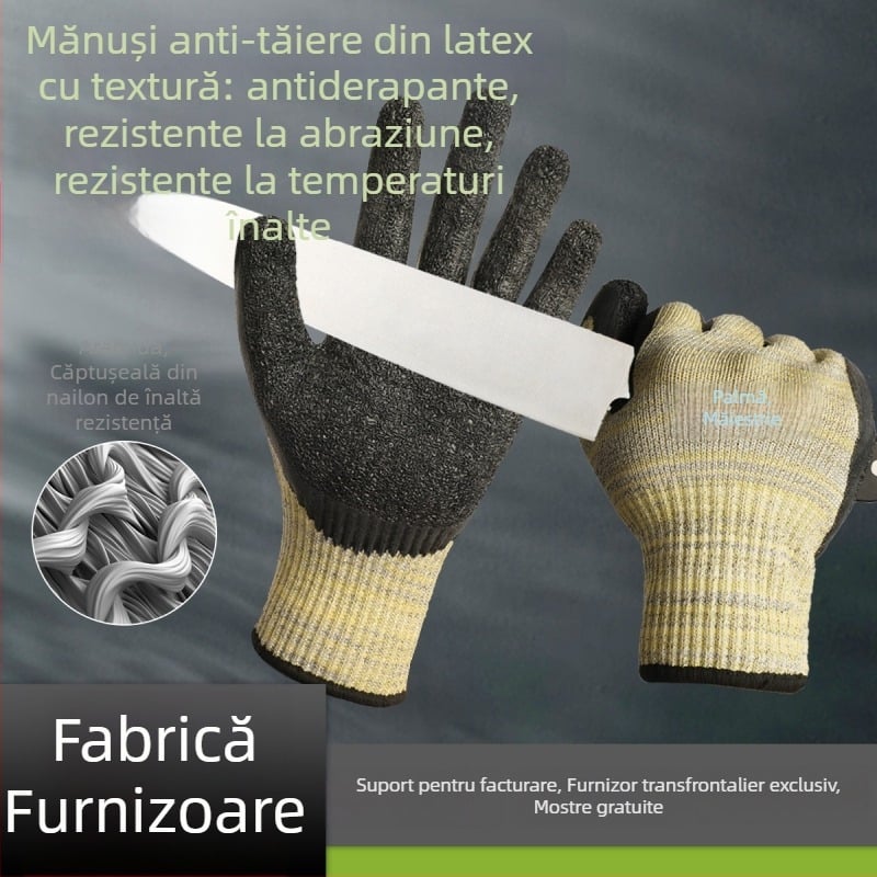 Mănuși rezistente la tăiere, cu rezistență la 200°C, nivel 5, din aramidă și nylon, pentru mecanică, logistică, șantiere, ciclism și alpinism