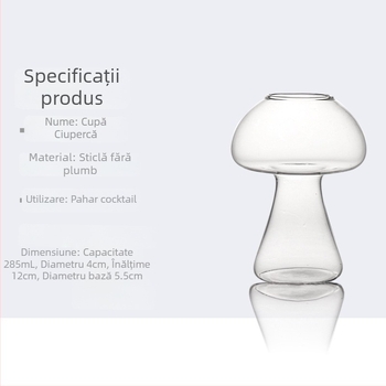 Pahar de cocktail cu formă de ciupercă, sticlă borosilicat, turnare manuală, design minimalist modern pentru barul de acasă