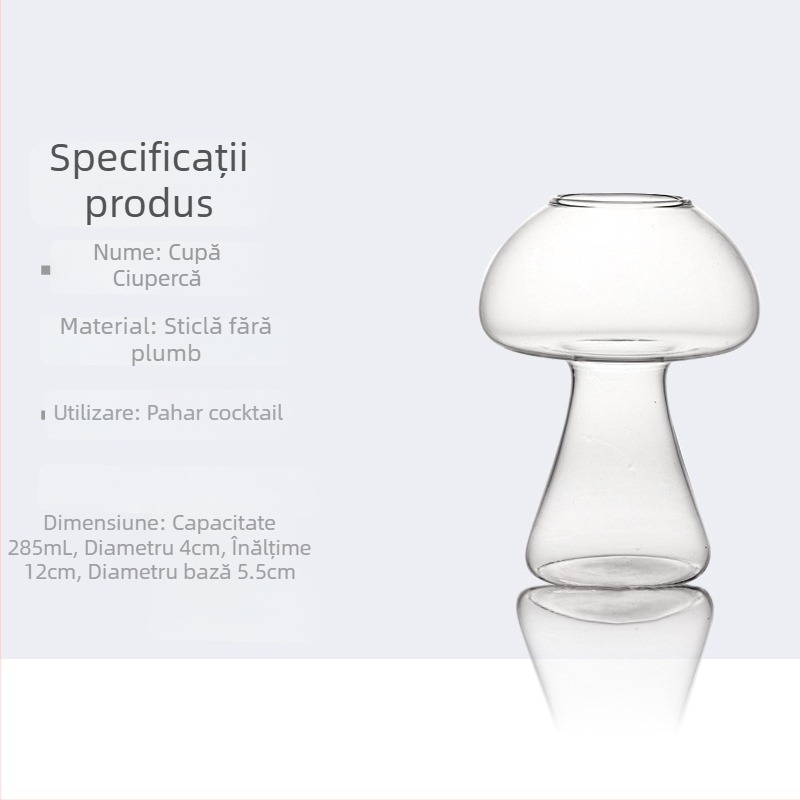 Pahar de cocktail cu formă de ciupercă, sticlă borosilicat, turnare manuală, design minimalist modern pentru barul de acasă