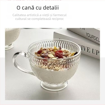 Ceașcă de mic dejun cu ovăz, relief vintage cu floare de soare, cană din sticlă cu mâner pentru uz casnic