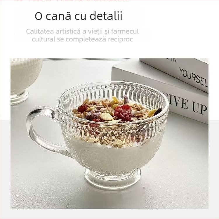 Ceașcă de mic dejun cu ovăz, relief vintage cu floare de soare, cană din sticlă cu mâner pentru uz casnic