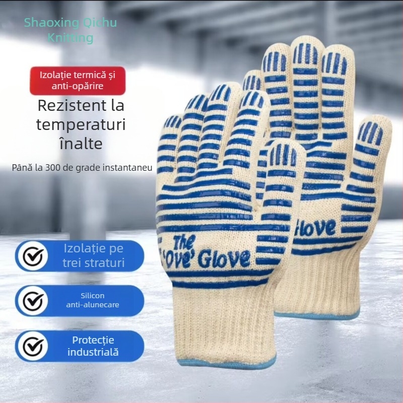 300° Mănuși rezistente la temperaturi înalte din silicon și bumbac, construcție multistrat, izolație termică și rezistență la flacără, pentru coacere și grătar