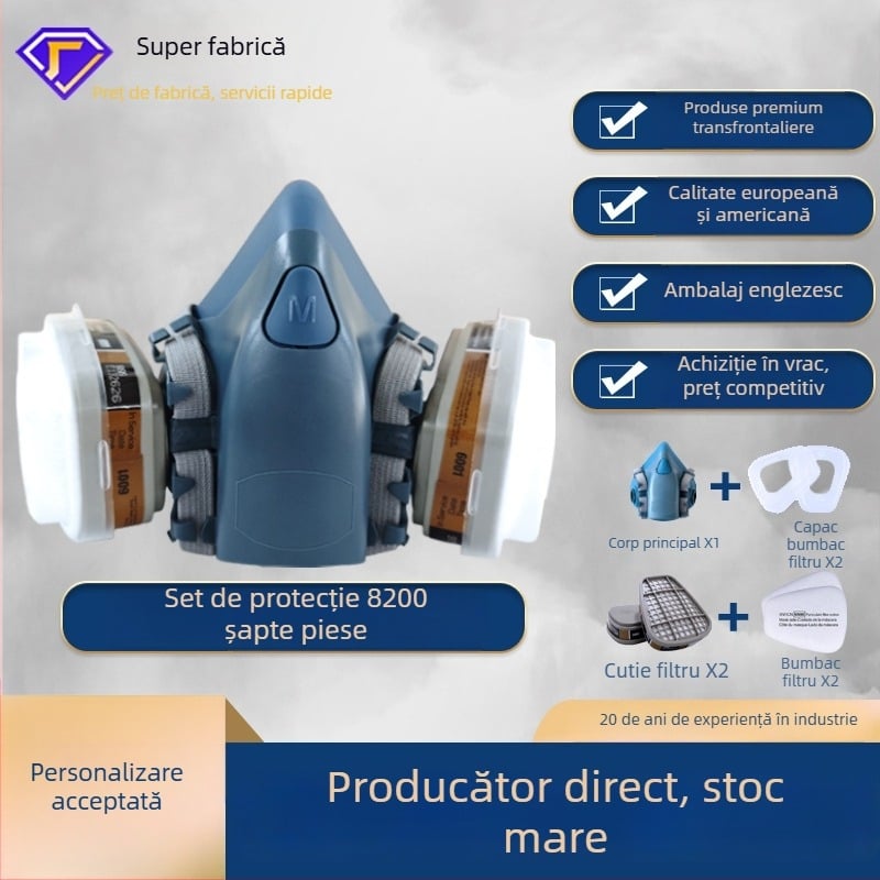 Mască de gaz din silicon, stil 7502, pentru praf, vopsire și pesticide; purtare pe cap; filtre duale KN95/KN100/KP100; filtre înlocuibile; conform GB2890-2022; albastru închis