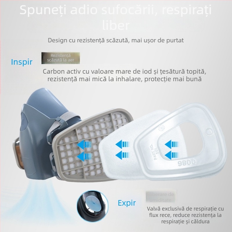 Mască de gaz din silicon, stil 7502, pentru praf, vopsire și pesticide; purtare pe cap; filtre duale KN95/KN100/KP100; filtre înlocuibile; conform GB2890-2022; albastru închis
