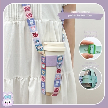 Lănțișor pentru sticlă de apă cu manșon pentru ceașcă și bretea crossbody, design desen animat, elastic, portabil
