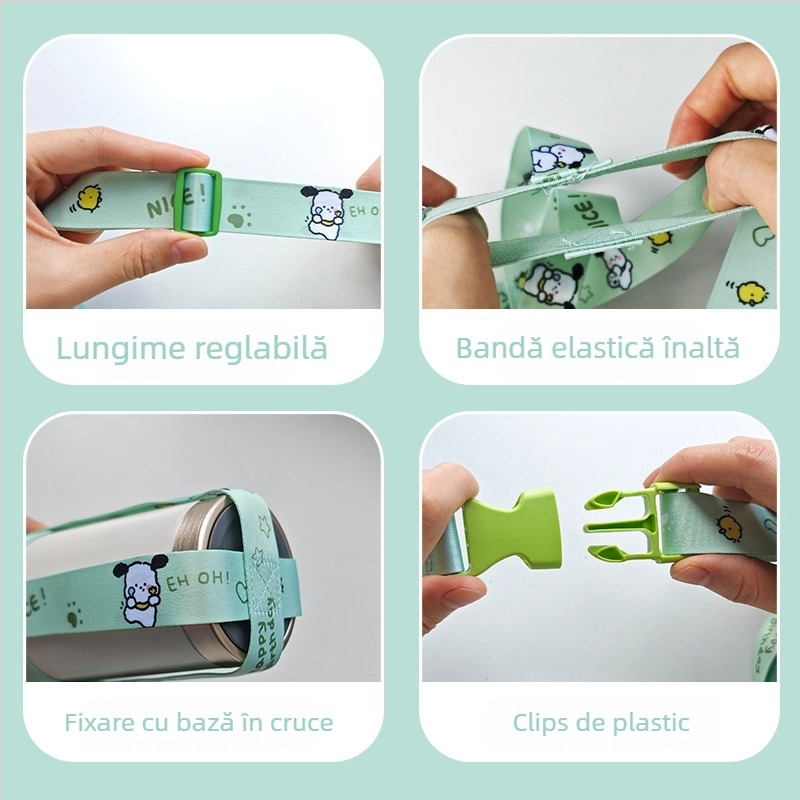 Lănțișor pentru sticlă de apă cu manșon pentru ceașcă și bretea crossbody, design desen animat, elastic, portabil