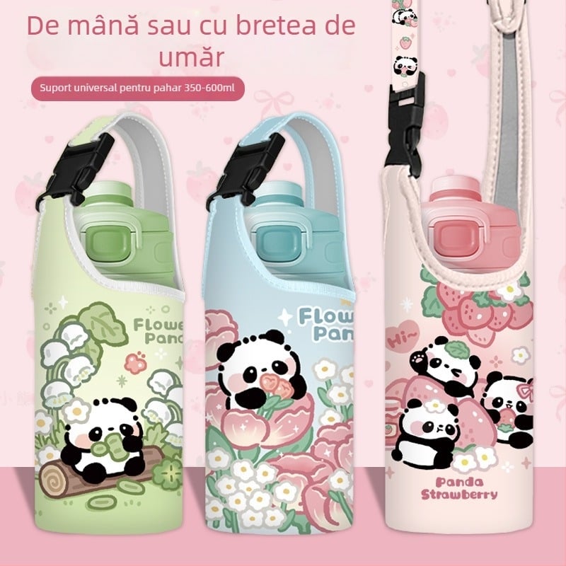Panda husă izolantă pentru sticla de apă pentru copii, cu bretea de purtare, universală 350–600 ml
