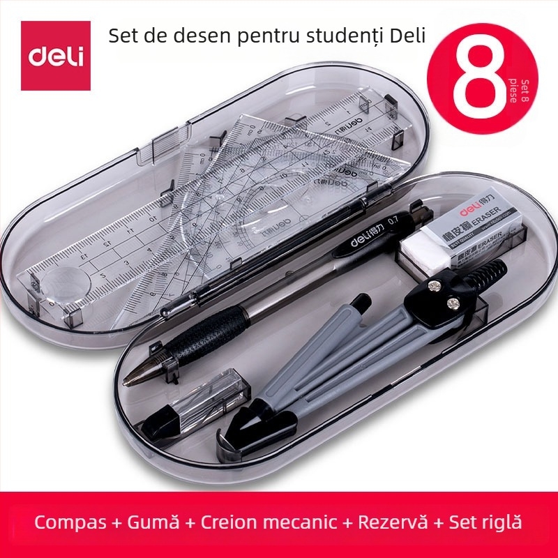 Deli 9591 Set de desen pentru elevi: compas și riglă pentru geometrie