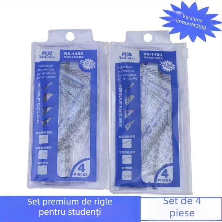 True Color 1499/1497 Set pentru desen pentru elevi cu riglă, echer, goniometru şi riglă cu margine în formă de val — patru piese pentru clasă