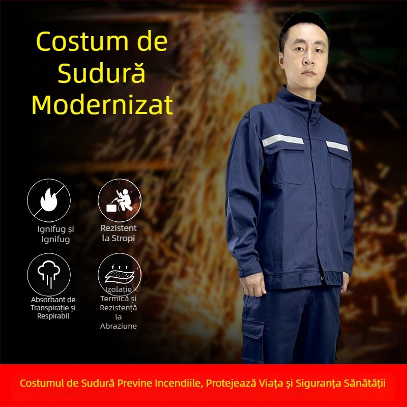 Costum de sudură din bumbac dens, rezistent la flăcări, izolație termică și protecție împotriva arsurilor, pentru uz în oțelării, cu benzi reflectorizante