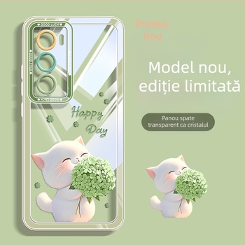 Carcasă din silicon pentru OPPO Reno12 și Reno11, design pisicuță cu flori, protecție anti-cădere