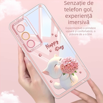 Carcasă din silicon pentru OPPO Reno12 și Reno11, design pisicuță cu flori, protecție anti-cădere