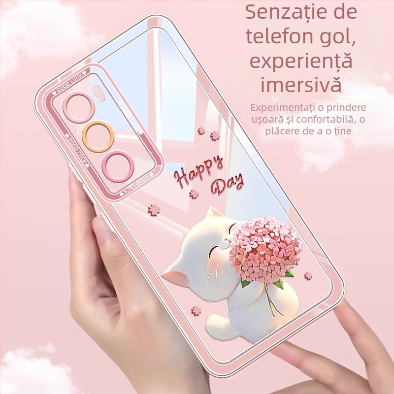 Carcasă din silicon pentru OPPO Reno12 și Reno11, design pisicuță cu flori, protecție anti-cădere