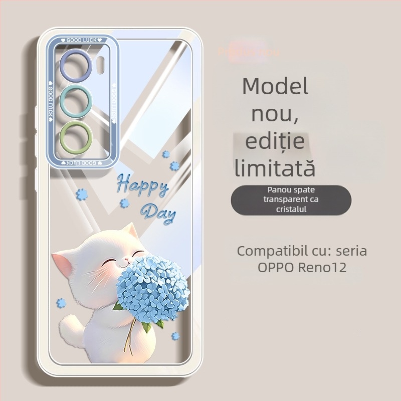 Carcasă din silicon pentru OPPO Reno12 și Reno11, design pisicuță cu flori, protecție anti-cădere