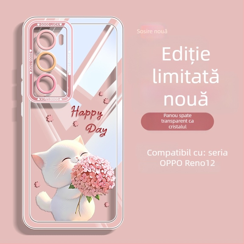 Carcasă din silicon pentru OPPO Reno12 și Reno11, design pisicuță cu flori, protecție anti-cădere