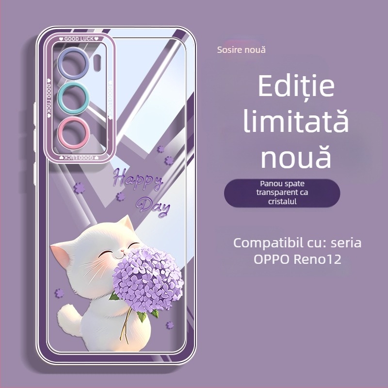 Carcasă din silicon pentru OPPO Reno12 și Reno11, design pisicuță cu flori, protecție anti-cădere