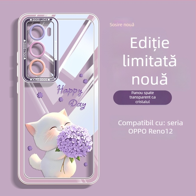 Carcasă din silicon pentru OPPO Reno12 și Reno11, design pisicuță cu flori, protecție anti-cădere