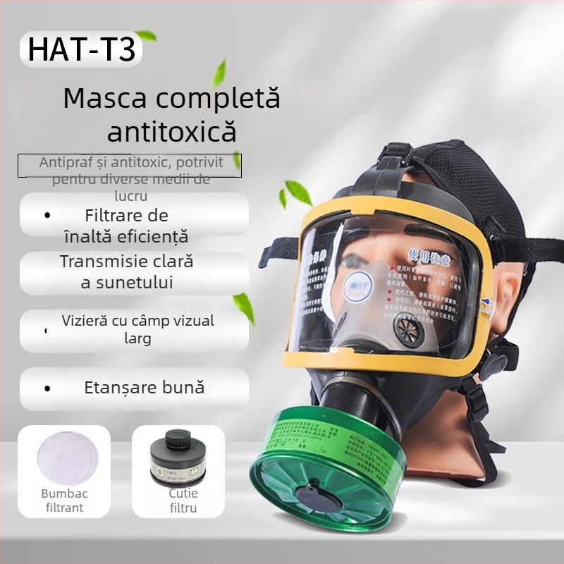 Respirator complet pentru față, cu sistem de filtrare auto pentru gaze toxice, model T3, din PC și silicon lichid