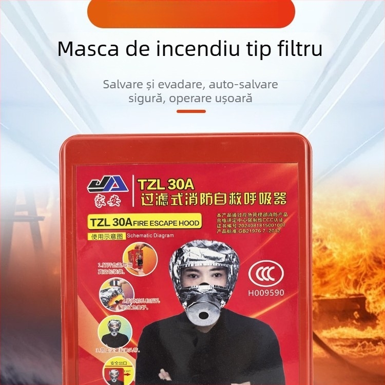 Mască de salvare cu filtru, față completă, protecție împotriva fumului și gazelor, certificat 3C pentru evacuarea în incendiu